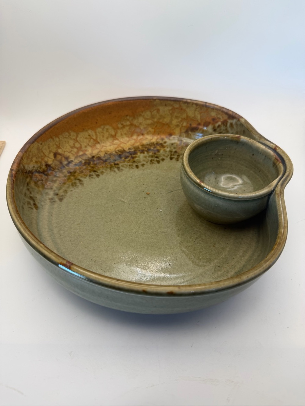 Sunset Canyon Handmade Ceramic Chip & Dip Platter in Olive Green and Amber Glaze